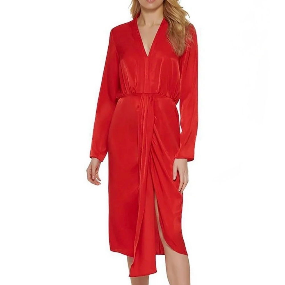 NWT DKNY Women's Faux-Wrap Long-Sleeve Red Dress size 10 reg $134